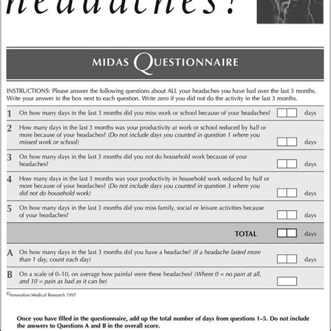 midas questionnaire|MIDAS: Migraine Disability Assessment Questionnaire.